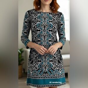 WHITE HOUSE BLACK MARKET Turquoise Black White Print Stretch Knit Dress | Small